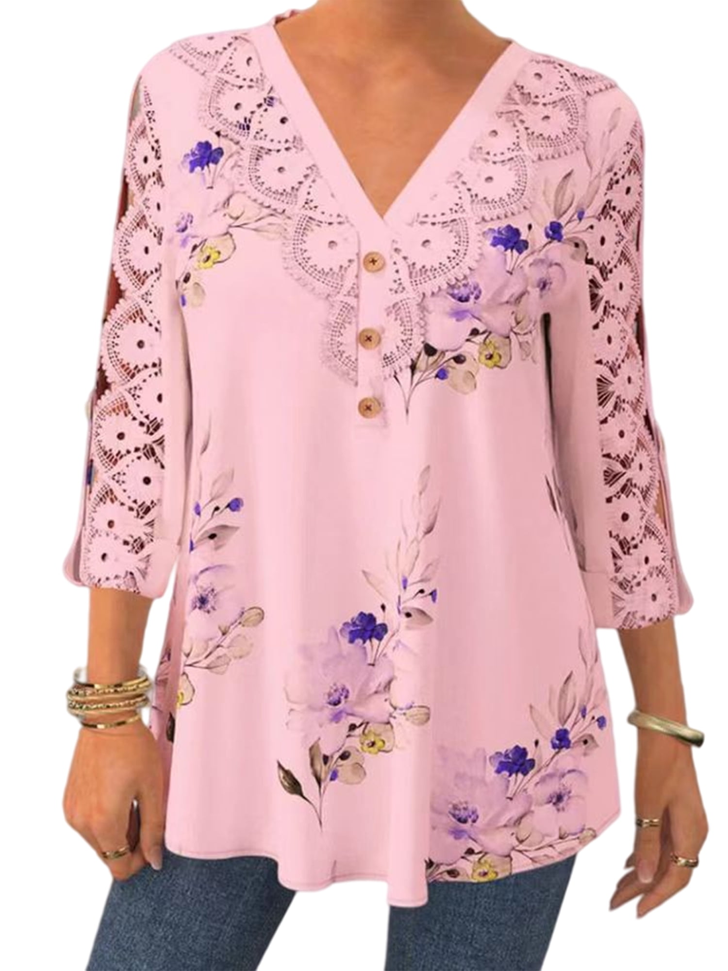 Capreze Women Button Down Tunic Blouse Casual 3/4 Sleeve T Shirt