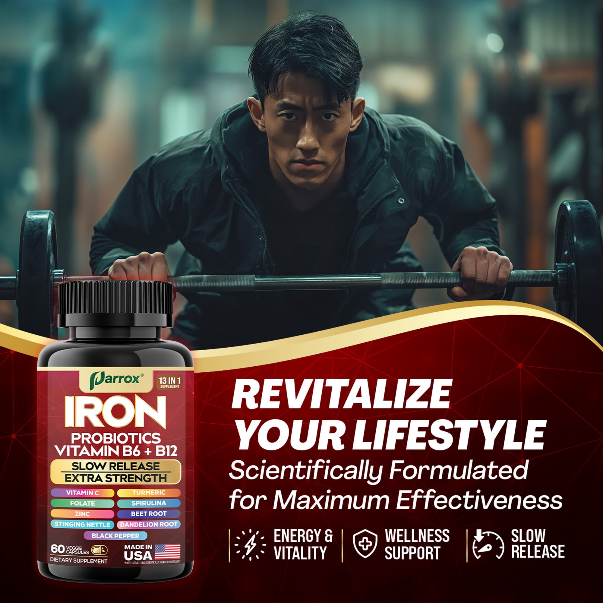 Parrox Iron Supplement with Slow Release Iron, Probiotics, Spirulina, Turmeric, Vitamin B6, B12, C, Zinc, Folate, Beetroot, Nettle Leaf, Dandelion Root,Black Pepper, Extra Strength, 60 Vegan Capsules