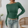 thumbnail image 6 of Kureaily Women Long Sleeve Shirts Fall Ruched Sides Boat Neck Basic Tee Casual Fitted Ribbed Knit Crop Tops Casual Summer Clothes, 6 of 6
