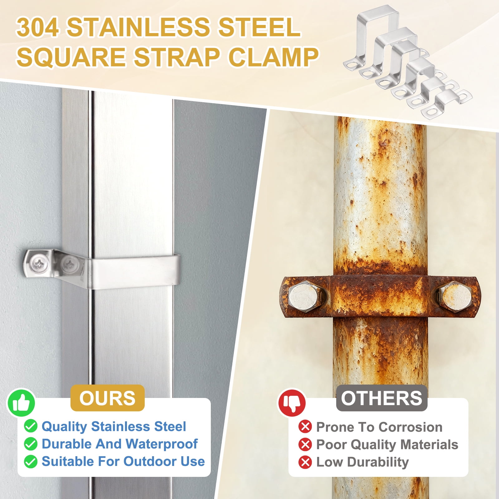 Uxcell 6Pcs U Shape Square Tube Clamp, 25x50mm U Shaped Bracket 304 Stainless Steel Square Strap Clamp with Phillips Head Self Drilling Screws for Pipes Door Closed Bar Holder Railings