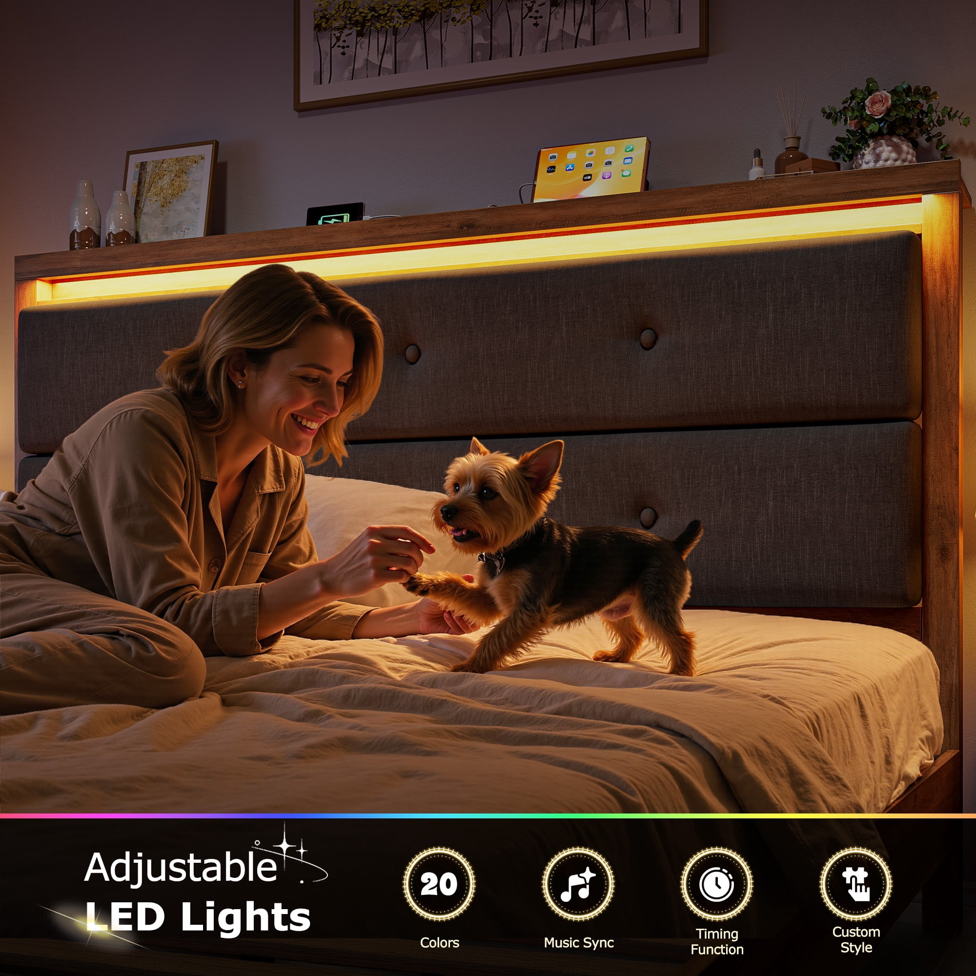 King Size Bed Frame with Headboard & Charging Station & LED Lights Upholstered Bed Frame with Storage Platform Wood Bed