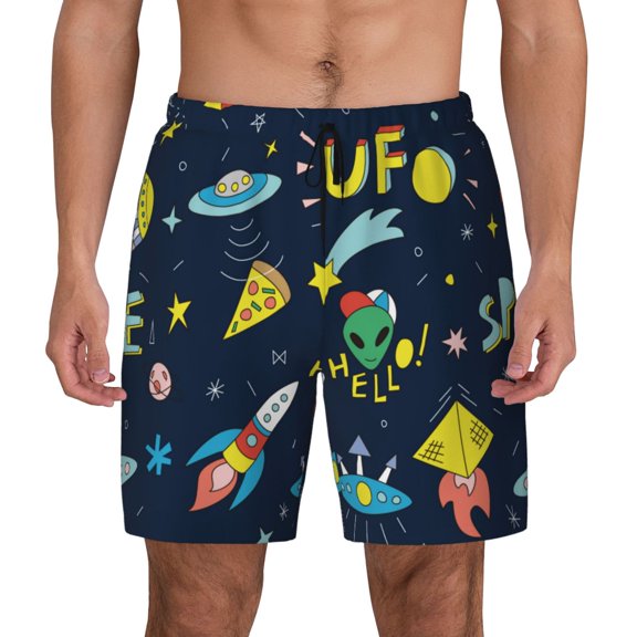 Kdxio Funny Spaceships Print Men'S Swim Trunks With Compression Liner 7 Inch Inseam Quick Dry Swim Shorts