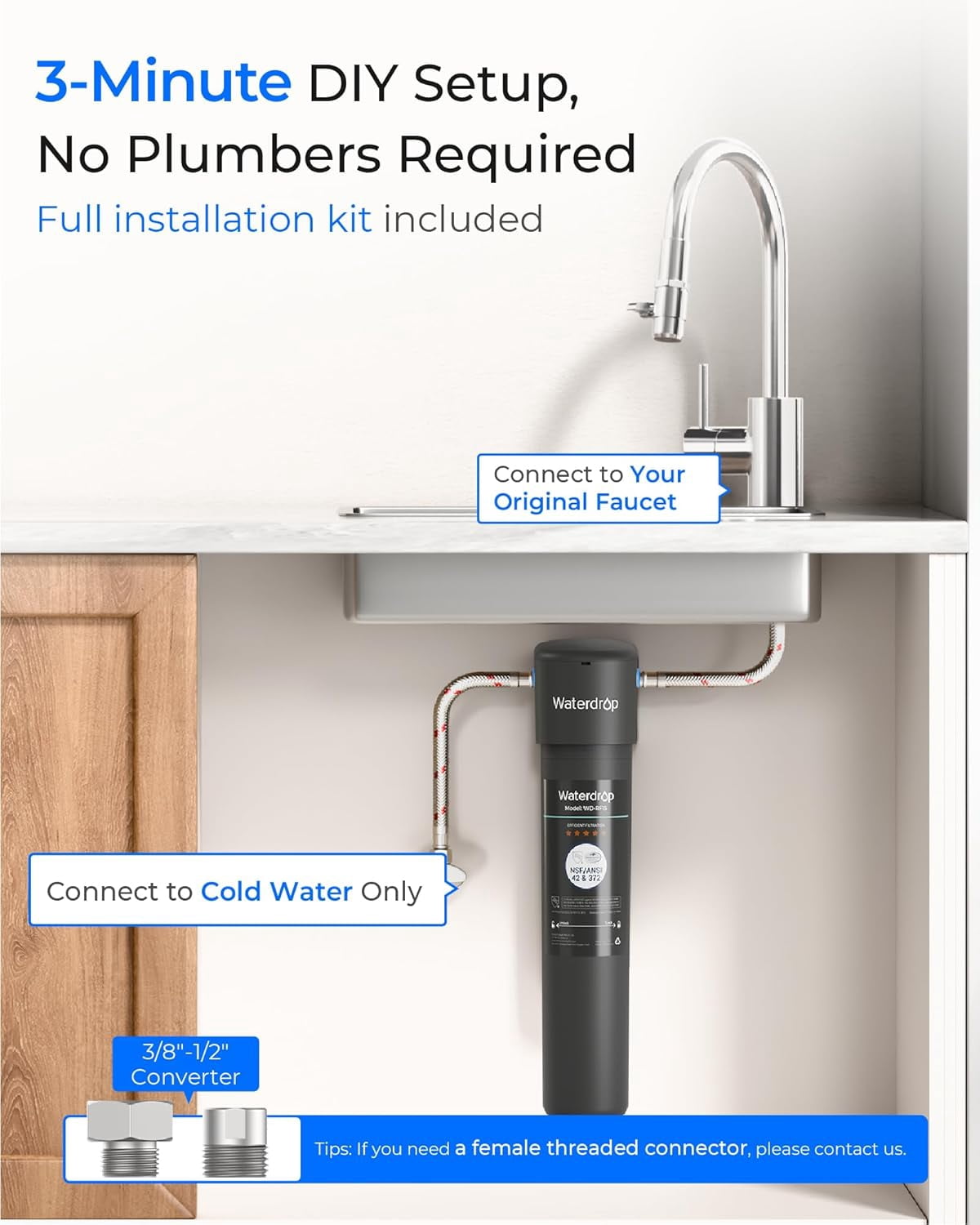 Waterdrop 15UA Under Sink Water Filter System, Under Counter Water Filter Direct Connect to Kitchen Faucet, NSF/ANSI 42 Certified, with one filter