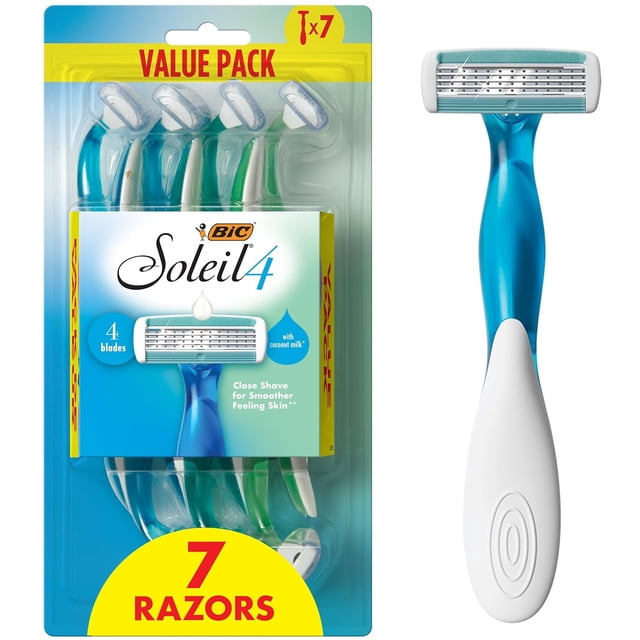 BIC Soleil 4 Rasoirs Jetables à 4 Lames pour Femmes, Rasage Flexible pour une Peau Estivale Lisse, Lot de 7