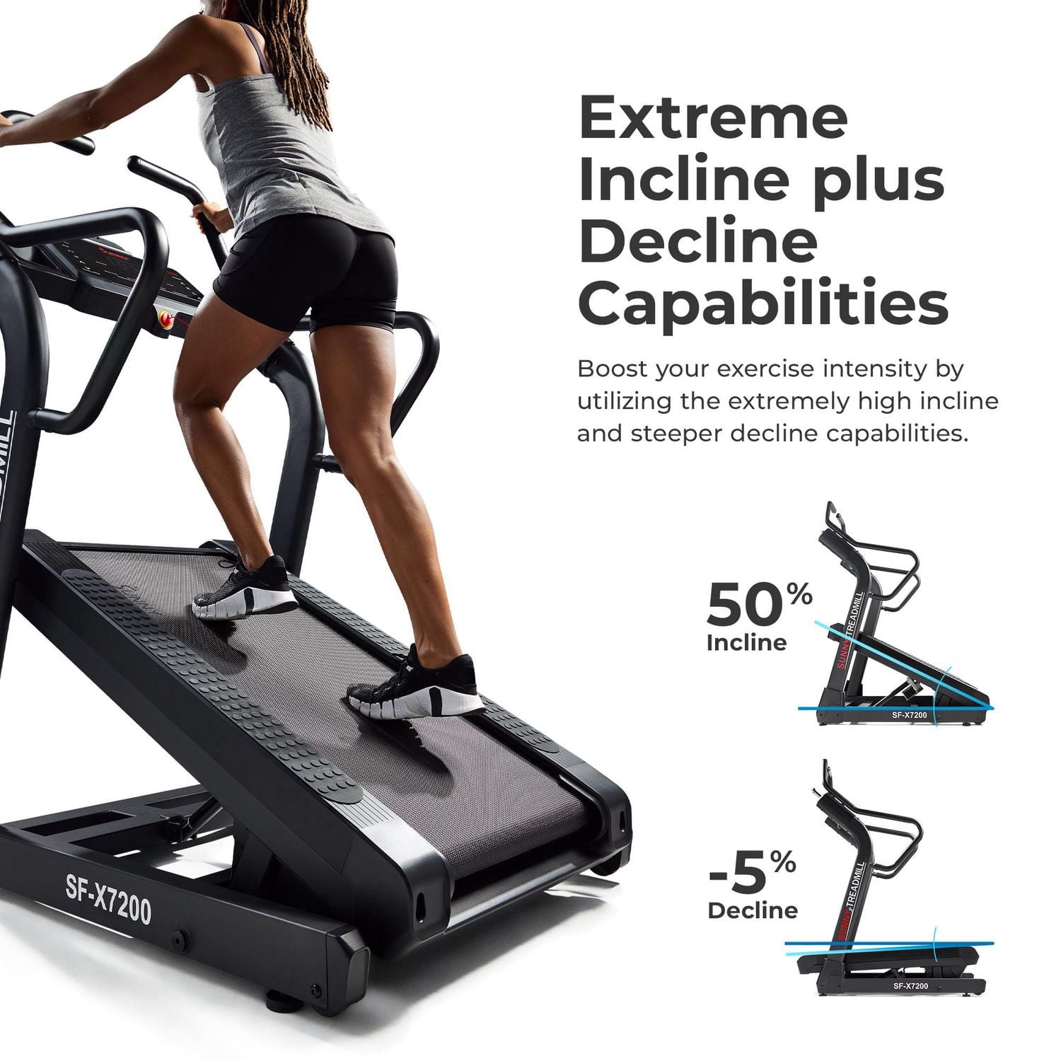 Sunny Health & Fitness Premium Extreme Incline Decline Treadmill, Training Up/ Down Hill Simulator - SF-X7200