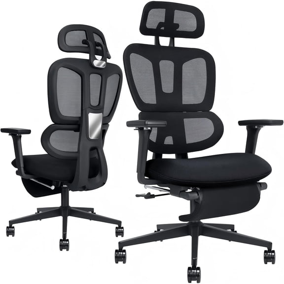 Ergonomic Office Chair with Footrest, High Back Mesh Desk Chair with Adjustable Headrest & Armrests, 90°-135° Reclining Computer Chair with Lumbar Support and Rocking Function, Black