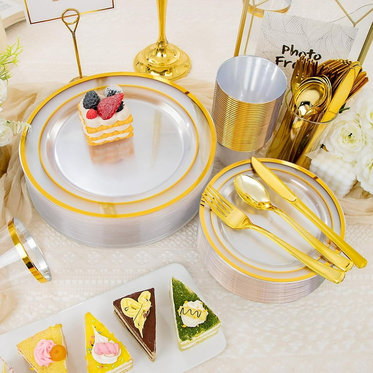 600 PCS Clear Gold Disposable Dinnerware Set for 100 Guests, Clear - Main Image