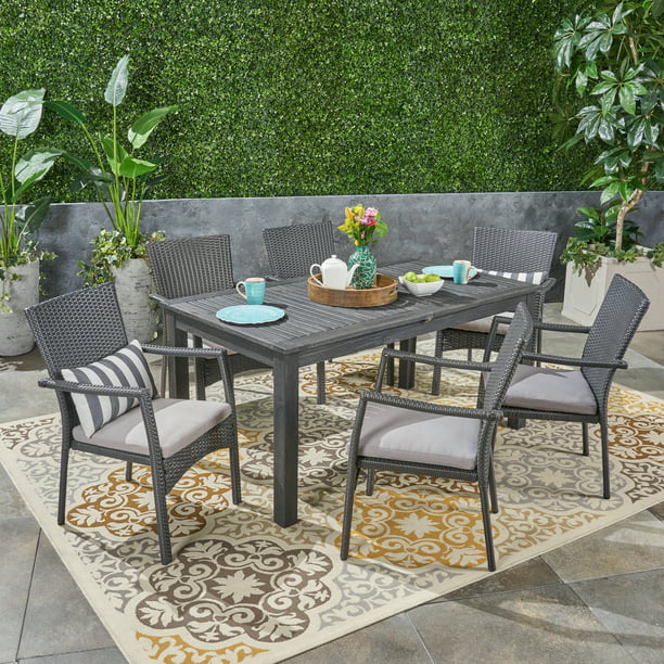 Julie Outdoor 7 Piece Acacia Wood and Wicker Expandable Dining Set with ...