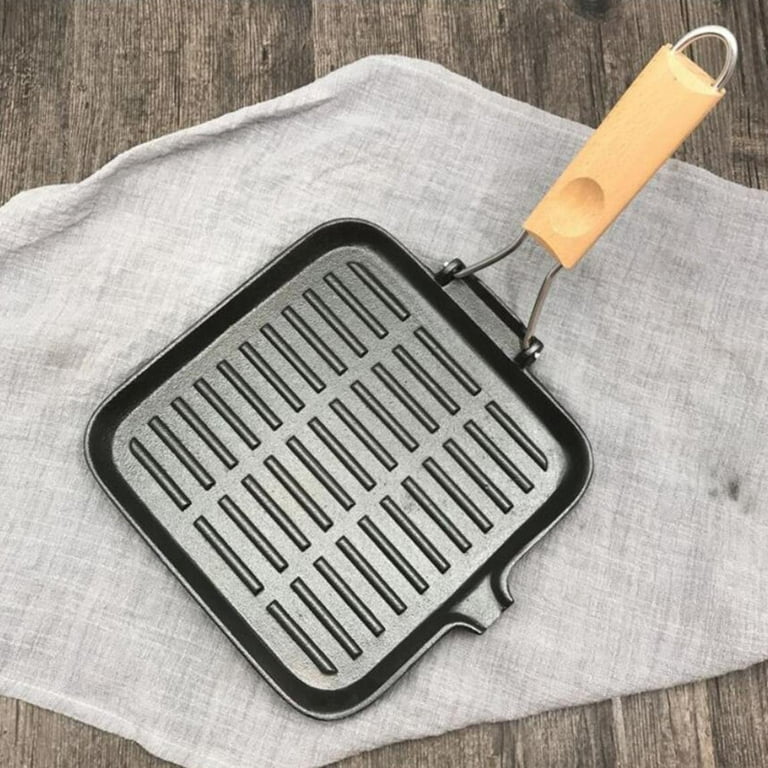 Portable Non-Stick Grill Pan,with Wooden Folding Handles,Indoor Rectangle  Frying Pan,Cooking Equipment for Outdoor Camping,Hiking,Picnic,BBQ
