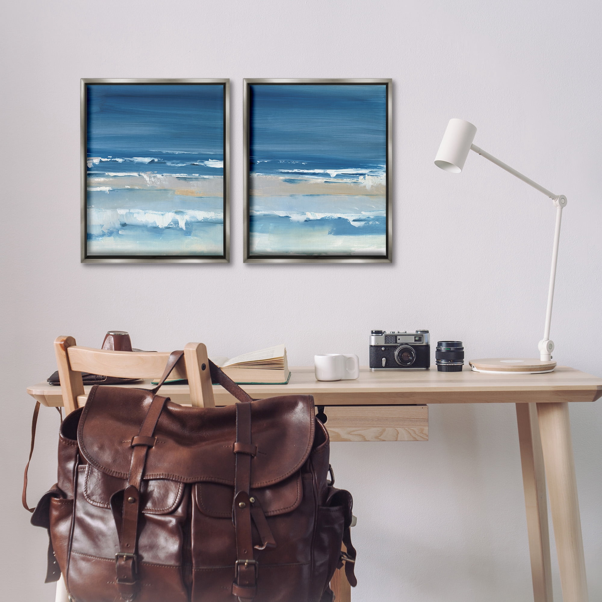 Stupell Industries Crashing Beach Wave Shore Nature Painting Gray Floater Framed Canvas Art Print Wall Art, 17 x 21, Set of 2