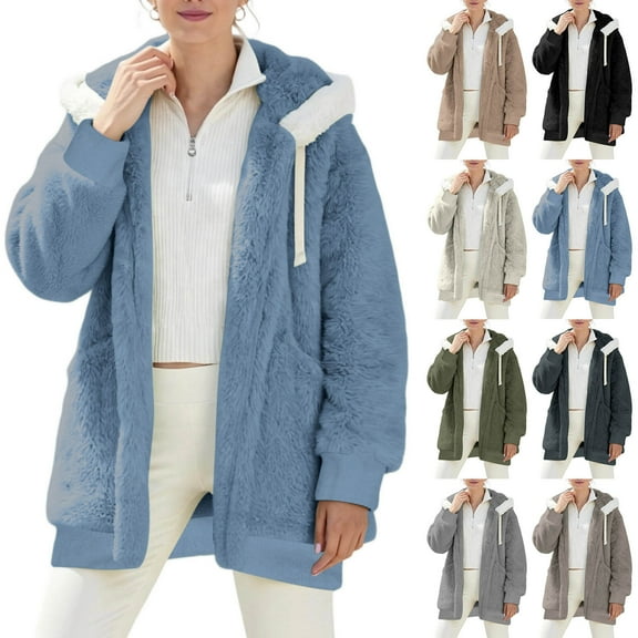 Jwputqe Cardians for Women Hooded Sweatshirt Women,Coats for Women,Fleece,Long Sleeve,Warm,Blue,2XL