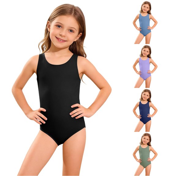 JCCXIN Toddler Kid Girls Swimsuit One-Piece Tankini Solid Color Swim Wear Wide Strap Crew Neck Surfing Summer Water Play Cozy Pool Beachwear,Black,13-14 Years