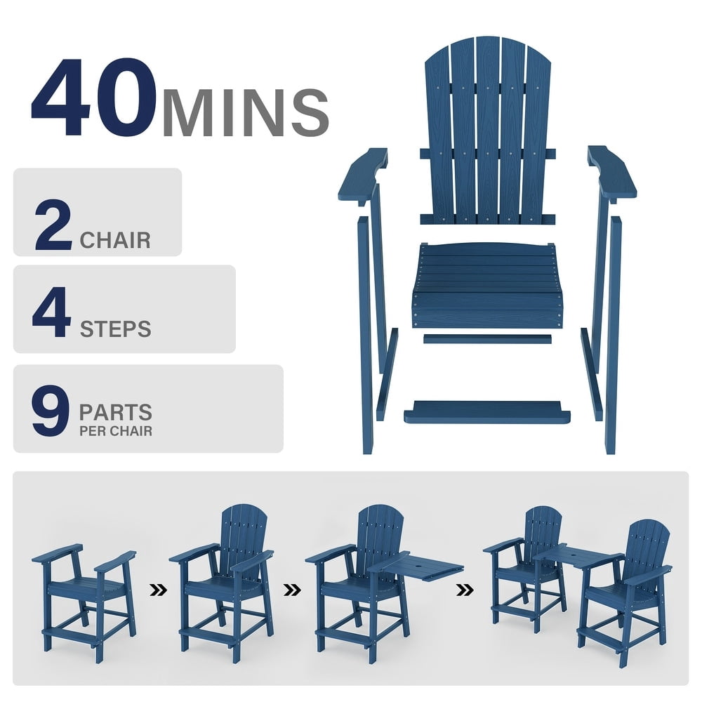 WINSOON Tall Adirondack Chair Set of 2 with Connecting Tray,Outdoor Bar Stools-Navy