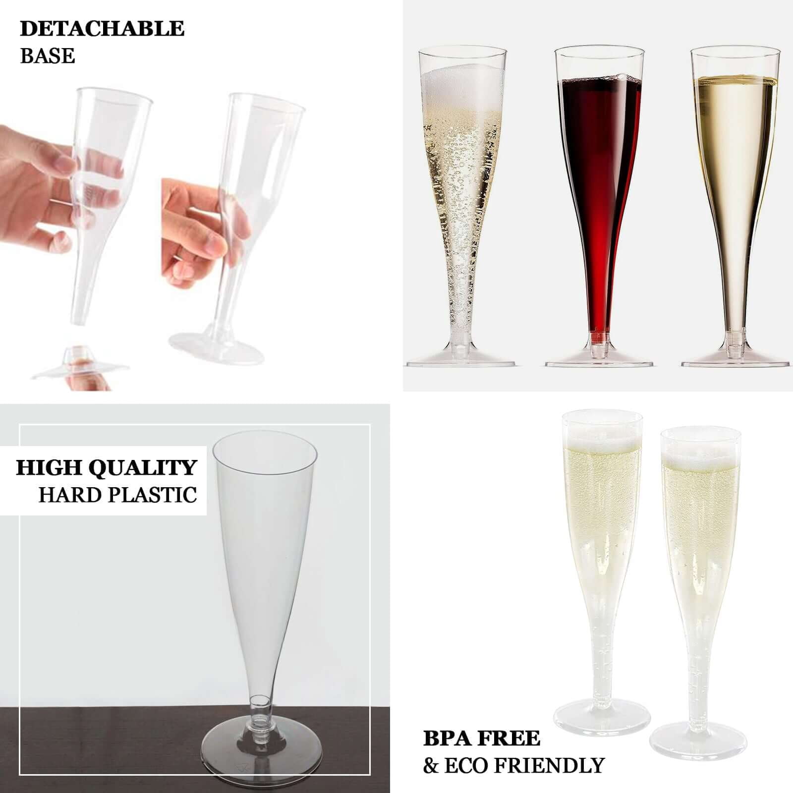 Efavormart 60 Pack 5oz Clear Plastic Disposable Champagne Flute Glasses | Hollow Stem | Detachable Base