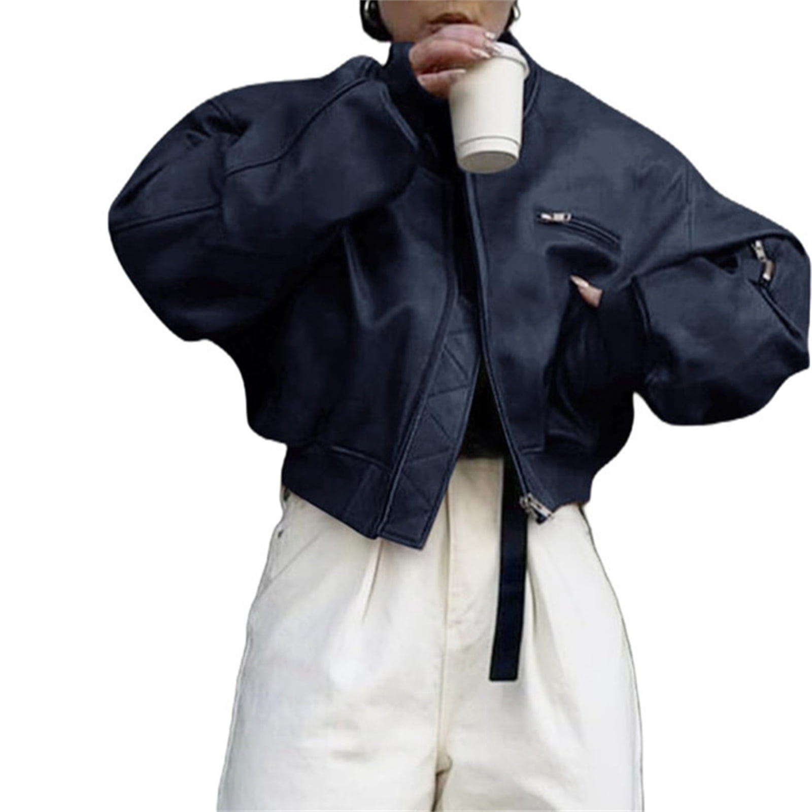 Womens Faux Leather Bomber Jackets Baseball Collar Zip Up Cropped Biker Coat with Pockets