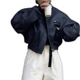 thumbnail image 4 of Womens Faux Leather Bomber Jackets Baseball Collar Zip Up Cropped Biker Coat with Pockets, 4 of 7
