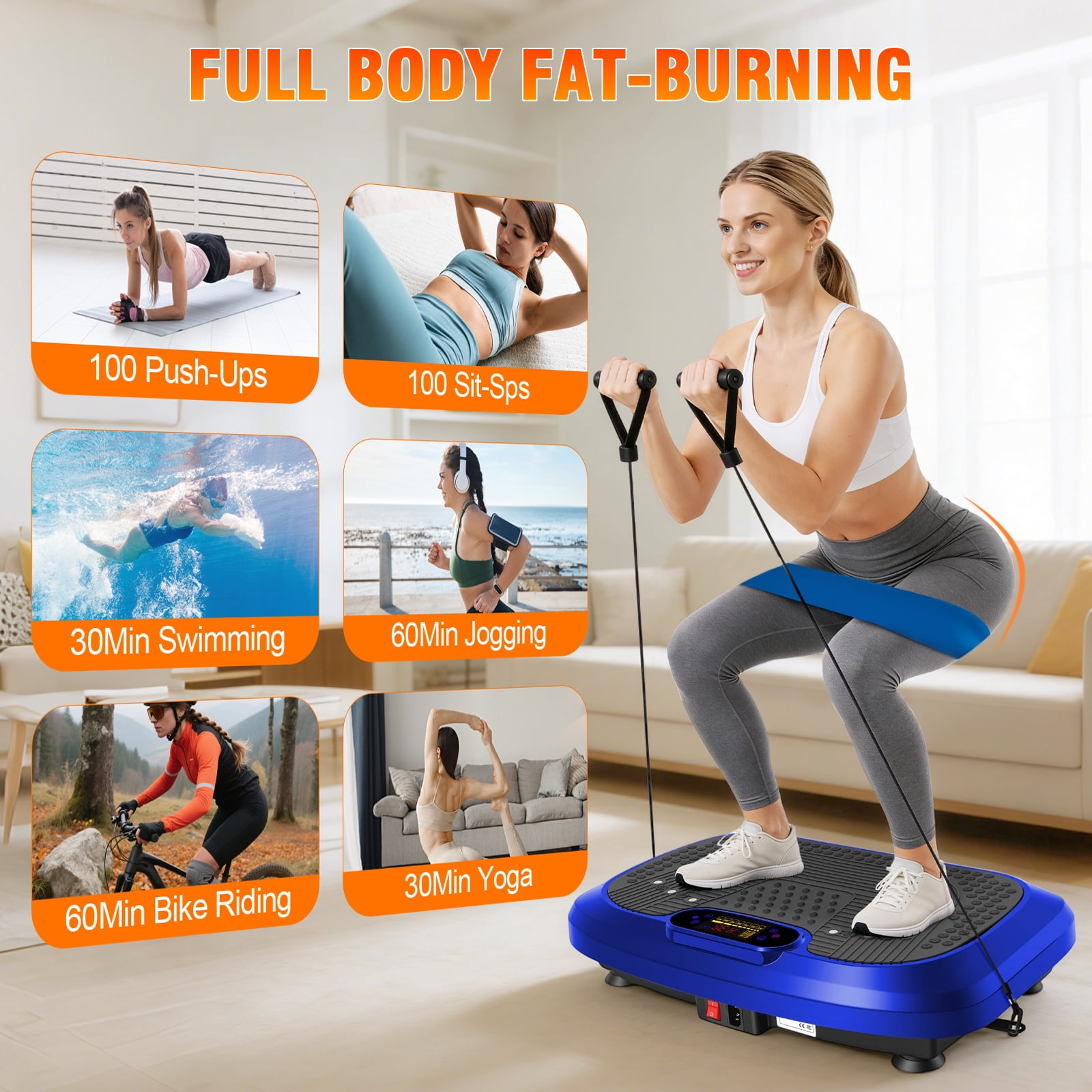 Vibration Plate Exercise Machine, 200 Speed Levels 450 lbs Capacity Fitness Platform, 10 Preset Modes with Resistance Bands and Remote, Blue