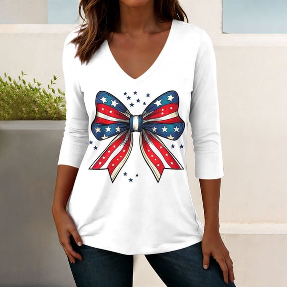 Xucatan Womens 3/4 Sleeve V Neck American Flag T-Shirts 4th of July Independence Day Summer Graphic Tee Top Gift