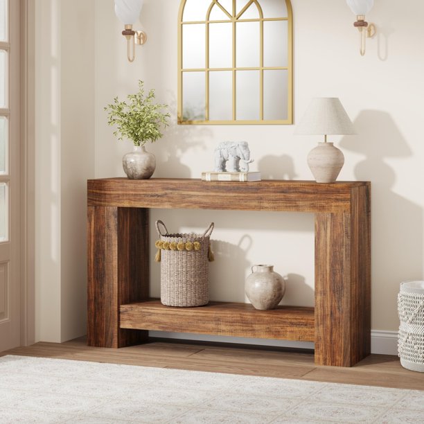 QinaQin Mesa consola farmhouse de 47 pulgadas con 2 niveles y almacenamiento, mesa de madera amplia para entrada, pasillo o sala