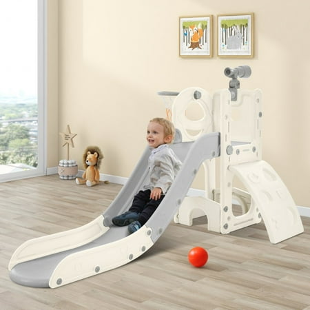 Kids Slide Toy Structure 5-in-1 Freestanding Spaceship Set with Slide Telescope and Basketball Hoop Toddler Golf Hole Kids Climber Playground