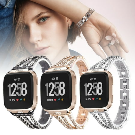Bands Compatible for Fitbit Versa, EEEKit Stainless Steel Metal Jewelry Bracelet Bangle Wristband with Bling Diamond Crystal Rhinestone for Fitbit Versa/Fitbit Versa Lite Smartwatch