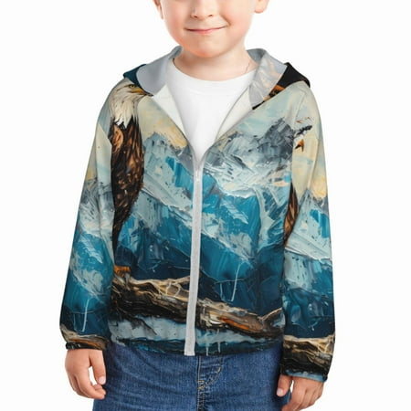 

Qekee Iceberg Bald Eagle Print UPF 50+ Kids Sun-Protective Hooded Long Sleeve Rash Guard for Fishing Water Beach Sports -5 Years