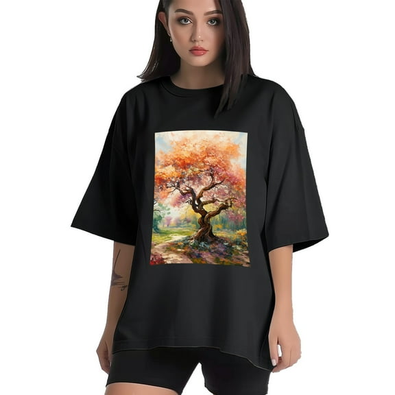 Plus Size Shirt for Women Black Tops for Women Short Sleeves Shirt for Women Colorful Tree T Shirt Crewneck Shirt for Women XS