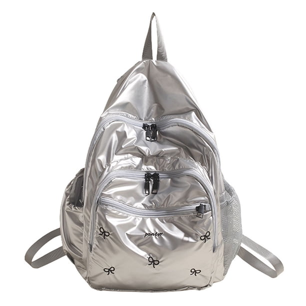 Mochila Escolar Brillante para Mujer Bolso Exterior para Niñas Con Bordado Lazo Cuero PU (plateado)