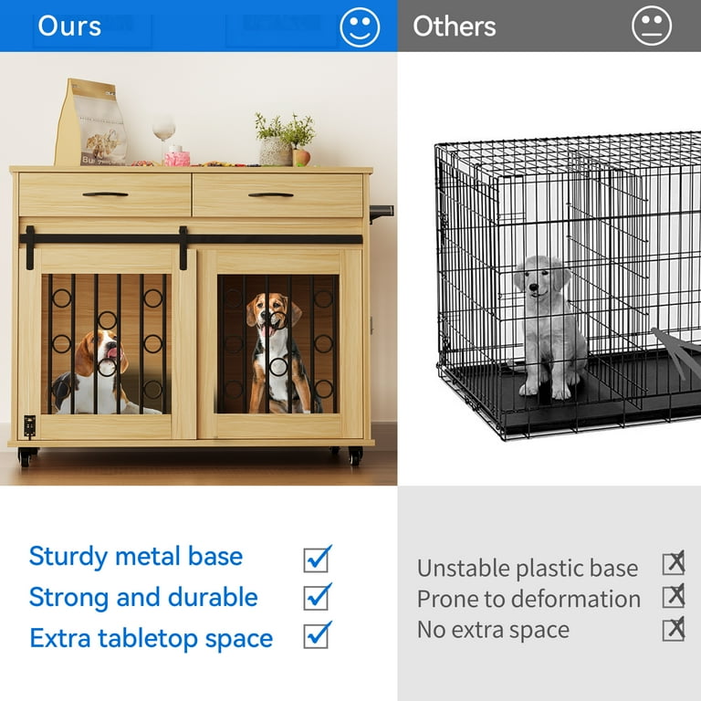 Dextrus Dog Crate Furniture 39 inch large Wooden Indoor Dog Kennel with Divider Room and Drawers Removable Tray End Table Double Door Dog House for Small Medium Dog Walnut Color Walmart