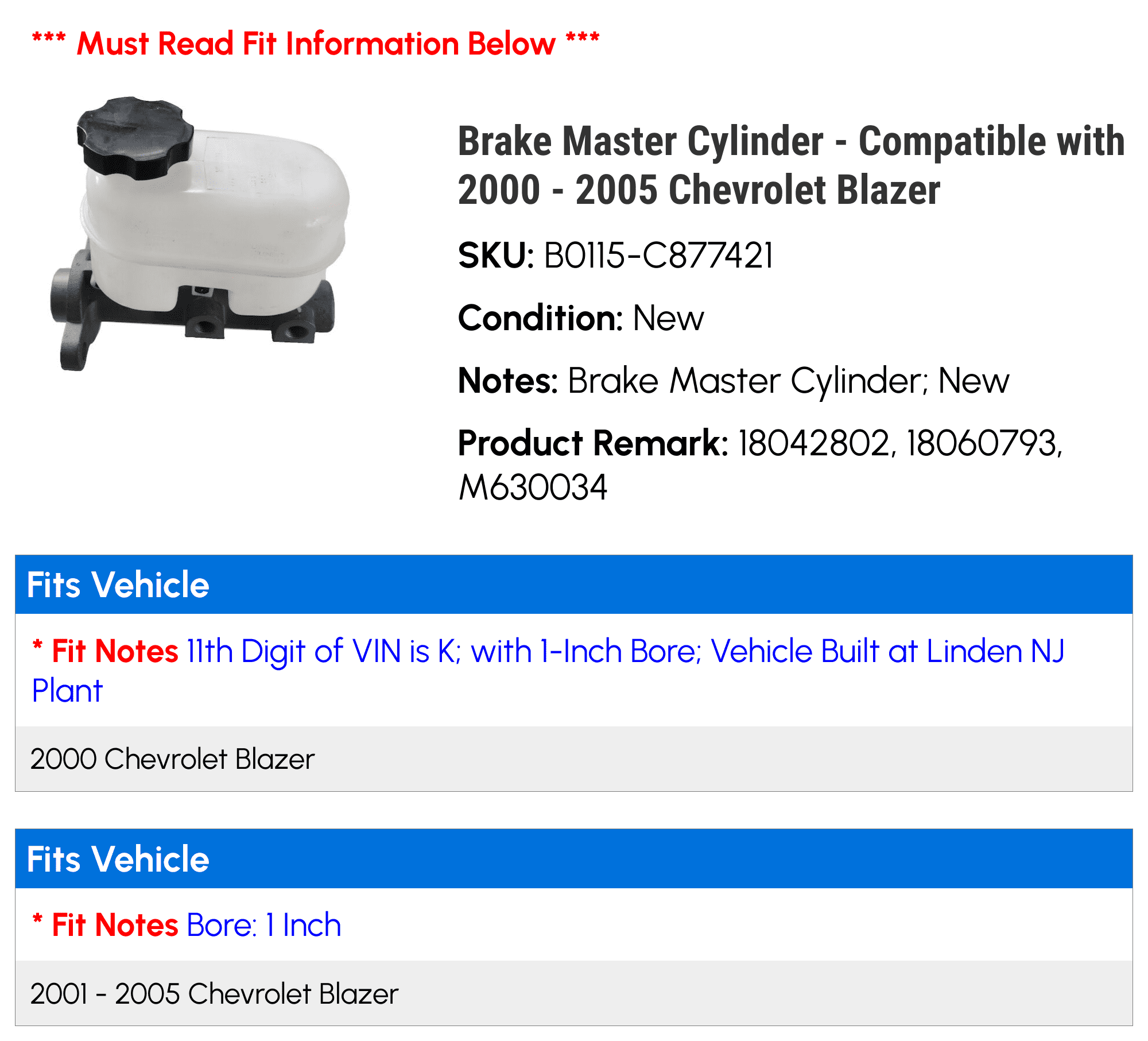 Brake Master Cylinder - Compatible with 2000 - 2005 Chevrolet Blazer - Replacement