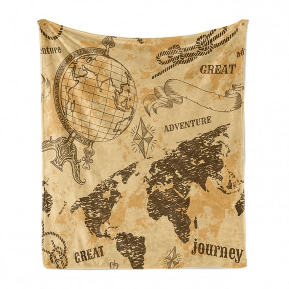 Steampunk Soft Flannel Fleece Throw Blanket, Pattern Abstract World Map Rope Knots Sketch Adventure Theme, Cozy Plush for Indoor and Outdoor Use, 70" x 90", Brown Pale Orange Beige, by Ambesonne