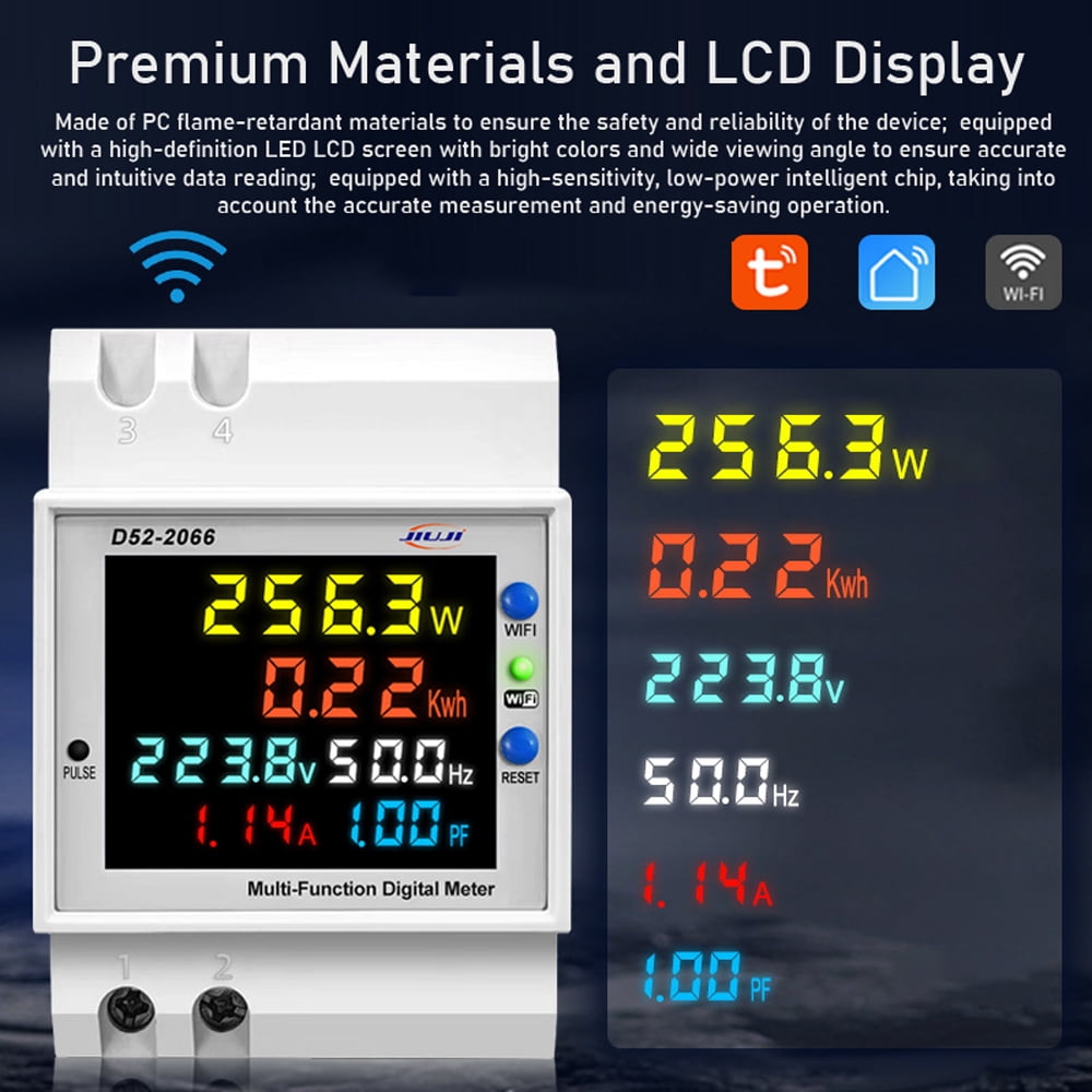 Electricity Meter Tuya Tuya WiFi Home Intelligent Digital Display Electricity Meter DIN-Rail Voltage and Current Meter Multi-function Power Factor Frequency Metering Meters with Power Failure Memory