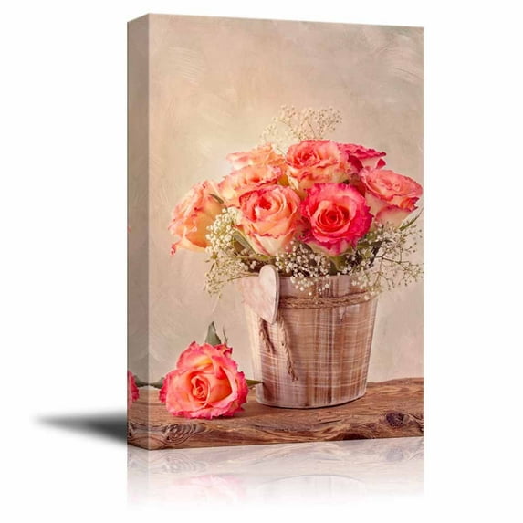 Canvas Prints Wall Art - Pink Roses on Wooden Desk Flower/Floral Art | Modern Wall Decor/Home Decor Stretched Gallery Wraps Giclee Print & Wood Framed. Ready to Hang - 24" x 36"