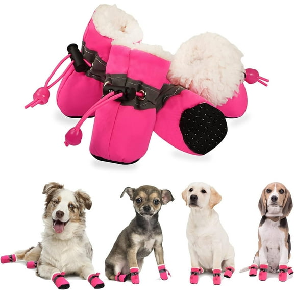 Dog Shoes for Winter, Dog Boots & Paw Protectors, Fleece Warm Snow Booties for Puppy with Reflective Strip Anti-Slip Rubber Sole for Small Medium Size Dogs,Size 7: 2.3"x1.9" (L*W),Pink