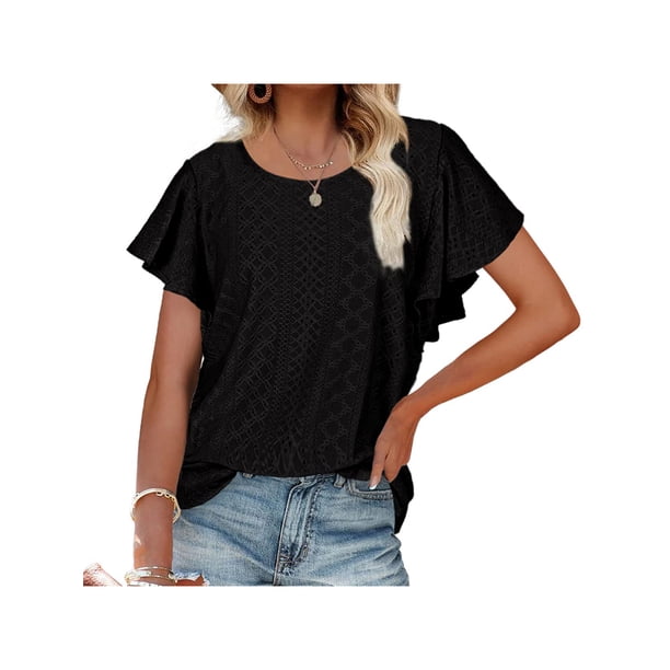 SAYOO Tops de mujer, cuello redondo con volantes, manga corta, ganchillo, hueco, suéter suelto, camiseta de color sólido SAYOO Moda