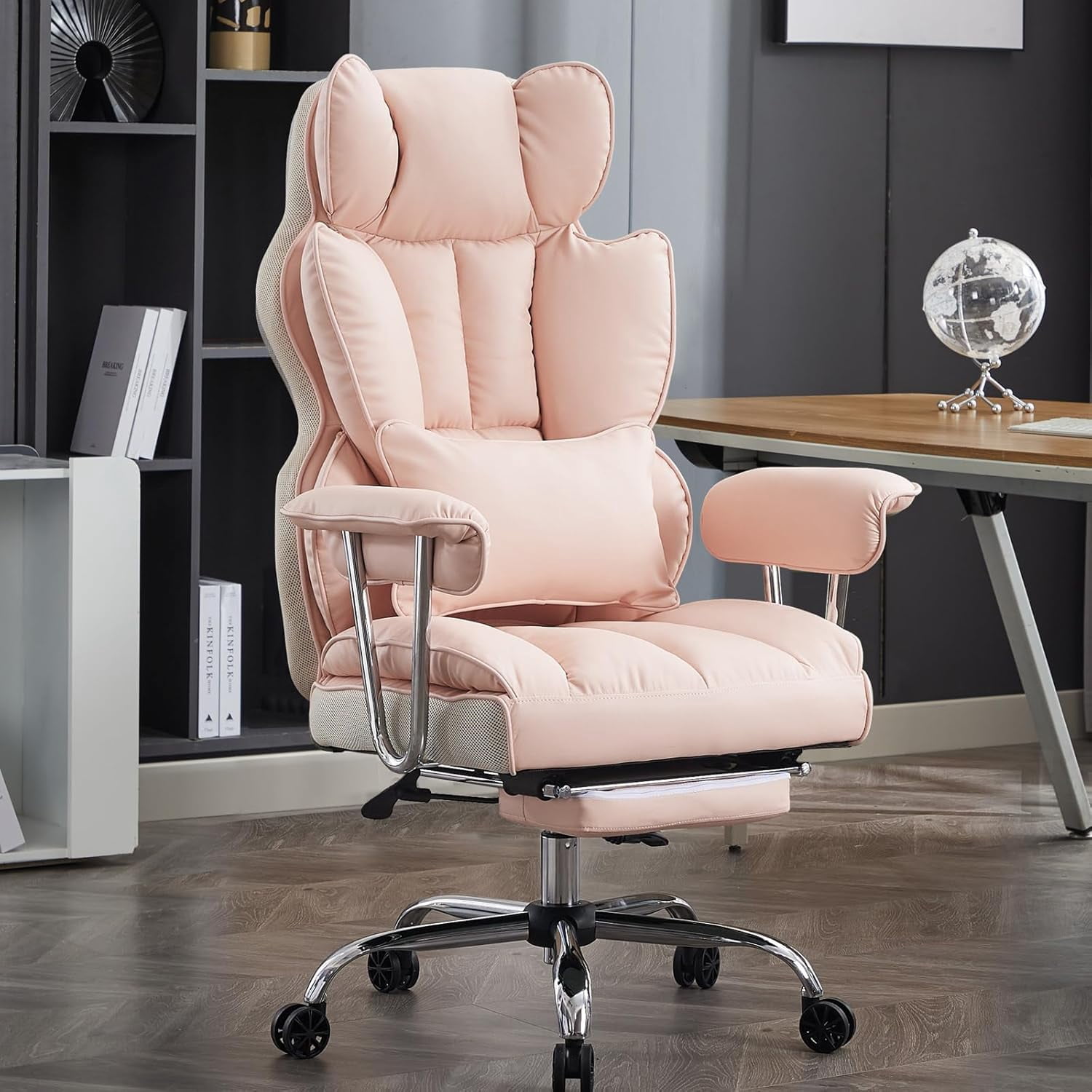 Woodty Executive Chair, PU Leather, High Back & Lumbar Support, Adjustable Armrests, Pink