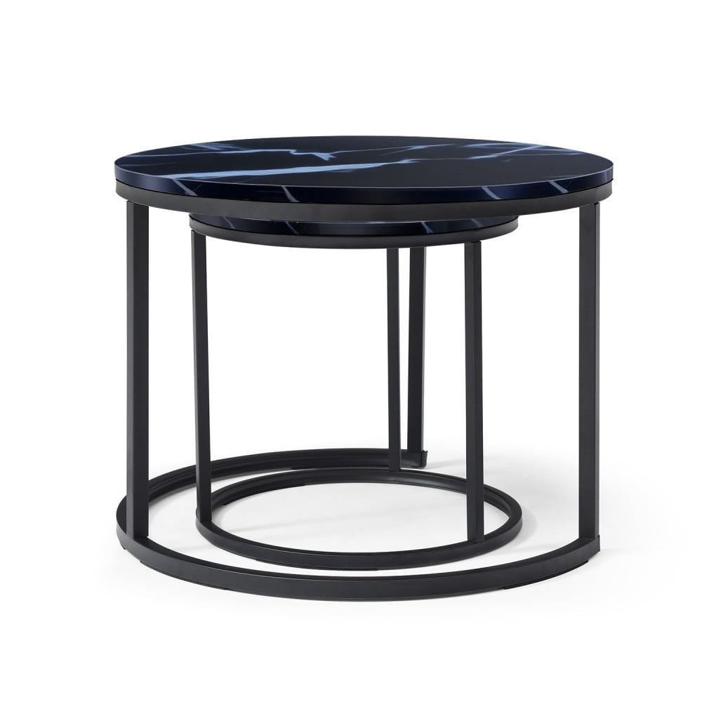 Set of 2 Nesting Coffee Tables, Black Round Marble-Look Wood Top with Black Metal Frame, Modern Industrial Side Tables, End Tables for Living Room, Bedroom