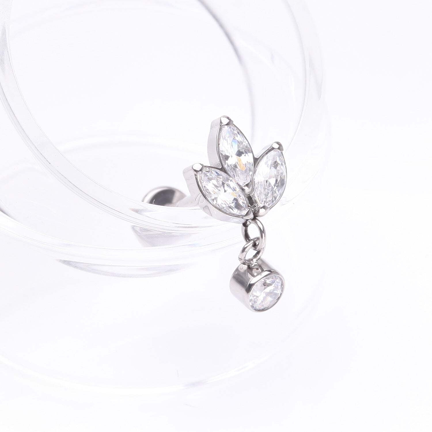 Implant Grade Titanium Marquise Flower Sparkle Dangle Internally Threaded Flat Back Stud Labret