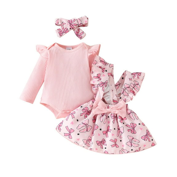 Odeerbi 0-18 Months Toddler Girls Summer Outfits Layette Set Rib Knit Cotton Bodysuit Bow Print Suspender Skirt Headband Three Piece Set Jumpsuit Elastic Waist Skirt Toddler Girls Clothes