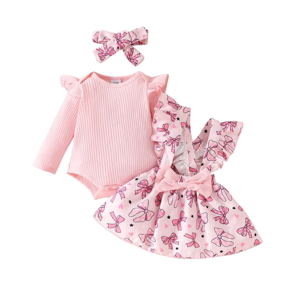Odeerbi 0-18 Meses Conjunto Canastilla de Verano Para Niña Traje de Punto Elástico Con Lazo Falda Con Tirantes Cinta Para La Cabeza Conjunto de Tres Piezas Mono Falda Con Cintura Elástica