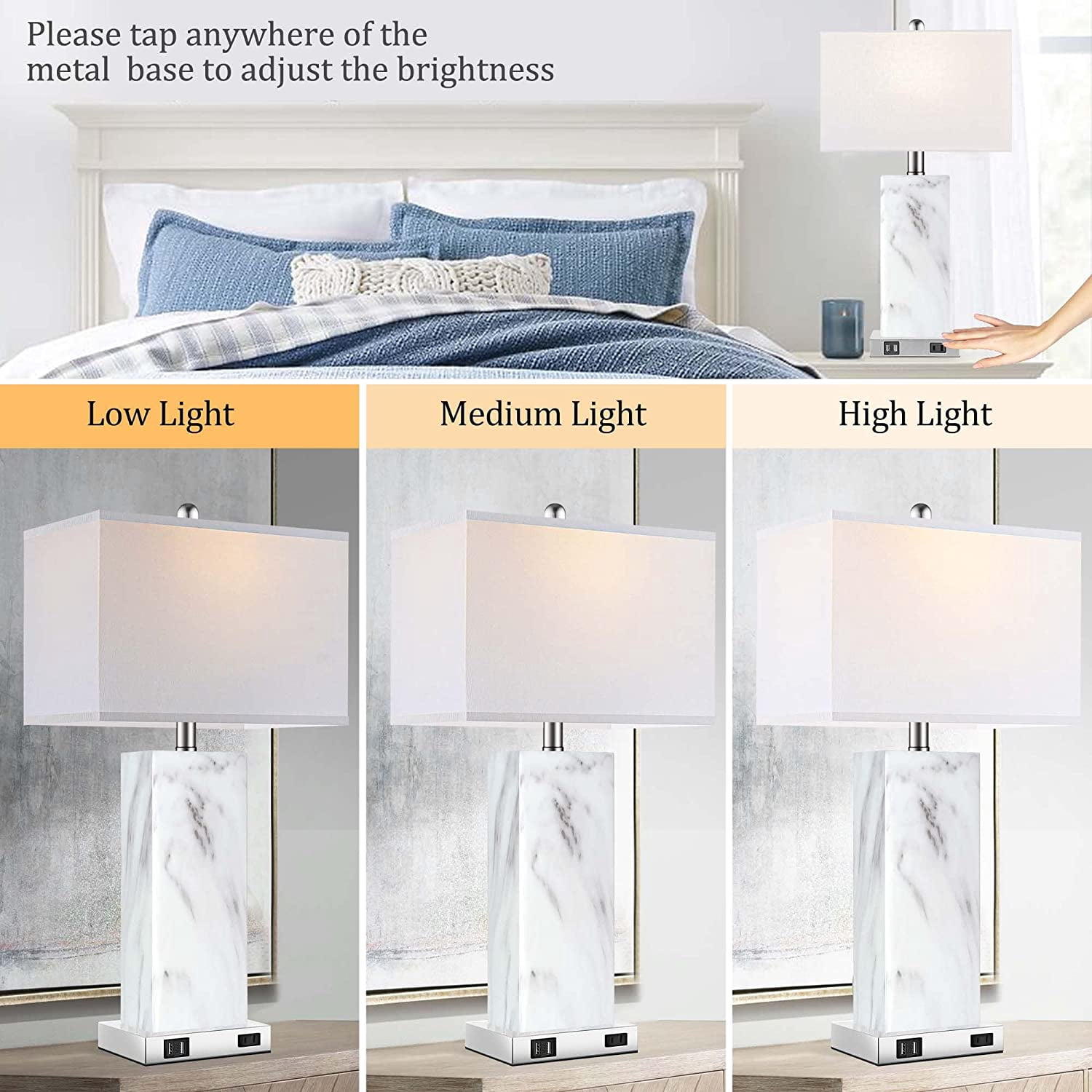 Partphoner Modern Ceramic Touch Control Table Lamp Set of 2 with 2 USB Ports, 3-Way Dimmable