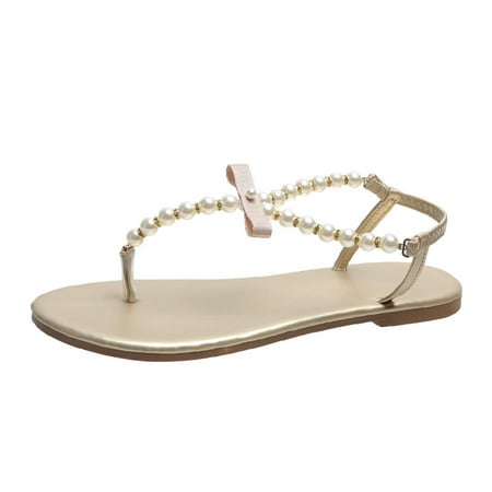 

GNEIKDEING Ladies Summer Ribbon Pearl Flip Flops Outer Flat Casual Sandals Gift on Clearance