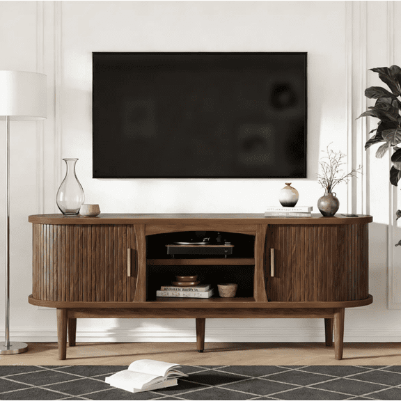 Easoger 58" Mid Century TV Stand for TVs up to 65", Entertainment Center with Power Outlet, Fluted Sliding Doors & Adjustable Shelves, Natural Media Console for Living Room