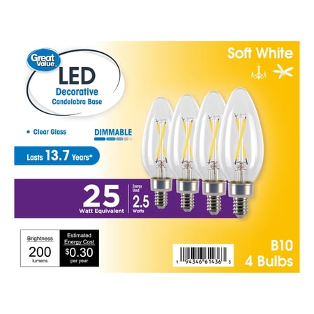 Great Value LED Light Bulb, 2.5W (25 Watts Equivalent), B10 Deco Lamp, E12 Candelabra Base, Dimmable, Soft White, 13yr, 4 Pack