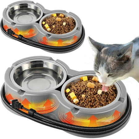 2 Pack Heated Water Bowl for Cat, Intelligent Thermal Pet Water Warmer Outdoor Heated Pet Double Stainless Steel Bowl and Anti Bite Wire Large Capacity Heated Water Bowl for Feral Dog Cat Bird(Blue)