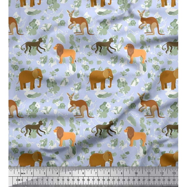 Soimoi Polyester Crepe Fabric Kangaroo,Elephant & Lion Animal Print Sewing Fabric Yard 52 Inch Wide