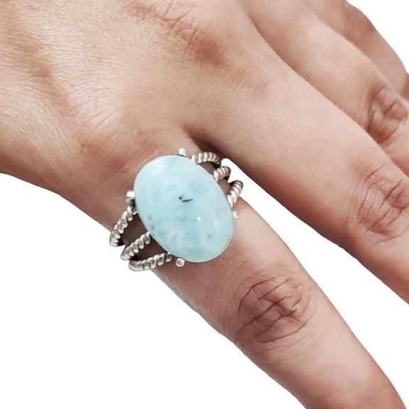 Natural Larimar Ring, Dominican Pectolite Larimar Gemstone Ring, 3 Twisted Bohemian Band, 925 Sterling Silver, Womens Ring, Christmas, Thanksgiving, Handmade, Statement Jewelry, Natural Gemstone Ring