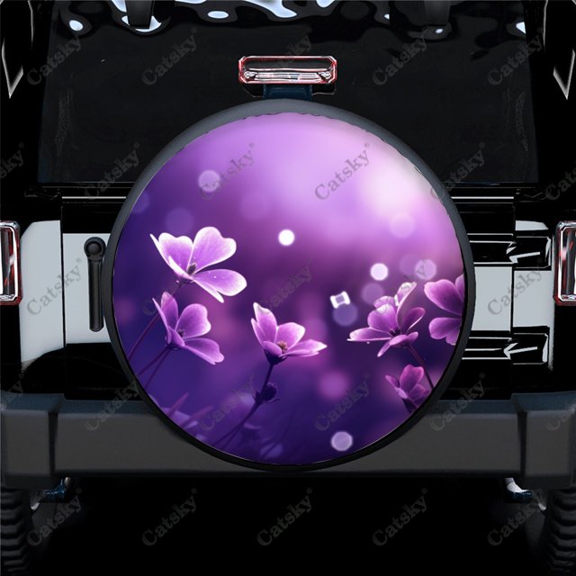 Purple And White Floral Pattern Polyester Universal Spare Wheel Tire Cover Wheel Covers for Trailer RV SUV Truck Camper