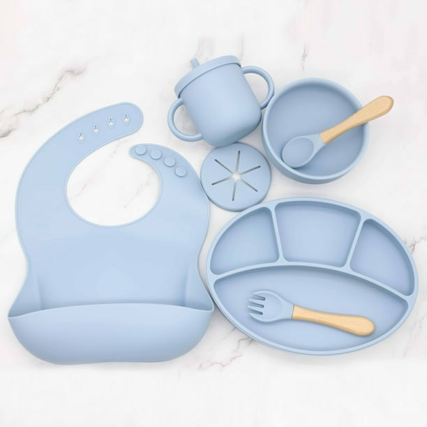 Babero de silicona para bebé, plato dividido, cuenco redondo, cuchara, tenedor, juego de taza sin tirantes para refrigerio dos en uno