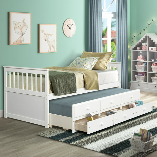 Twin Bed Frame With Storage Drawers, Wooden Twin Bed With Trundle